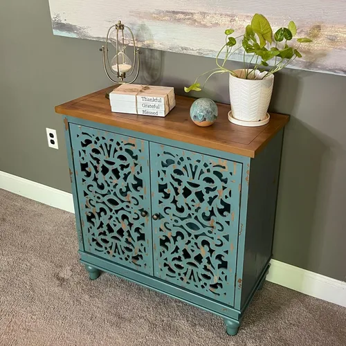 Miniatura 5 de PHI VILLA Gabinetes de acento azul, pequeño gabinete de buffet y aparador, credenza de 2 puertas talladas huecas, gabinete de almacenamiento