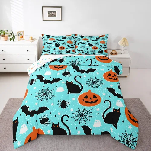 Miniatura 28 de Feelyou Juego de edredón de Halloween, color rosa fantasma, juego de ropa de cama tamaño individual, decoración para niños y niñas, lindo juego