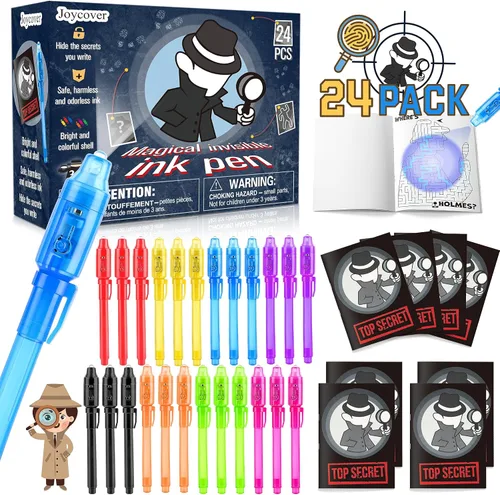Miniatura 8 de Joycover 12 bolígrafos de tinta invisible con luz UV para niños, bolígrafos espía y cuaderno, recuerdos de fiesta de cumpleaños para niños de 4 a 8