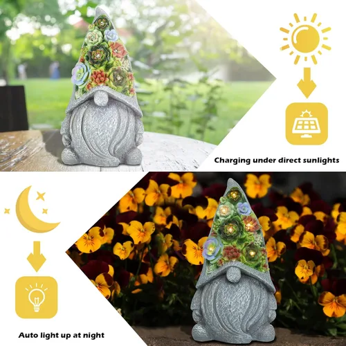 Miniatura 4 de Estatuas solares de jardín con suculentas y luces LED, estatuas de gnomos de jardín para patio, exterior, patio, balcón, jardinería, inauguración