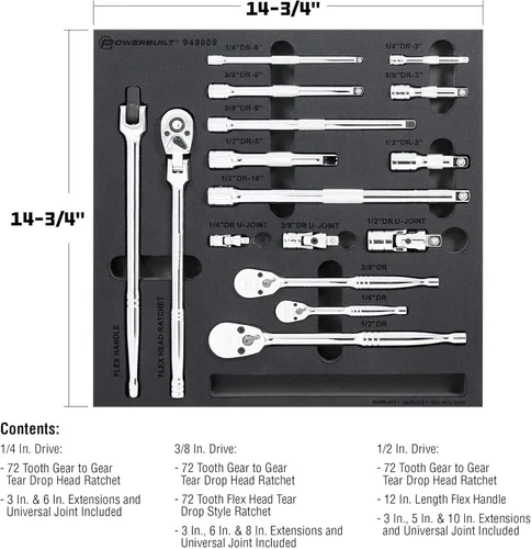 Miniatura 2 de Powerbuilt Master 949009 - Juego de accesorios y trinquetes, 16 piezas, herramientas de transmisión de 1/4, 3/8 y 1/2 pulgada, barras de extensión