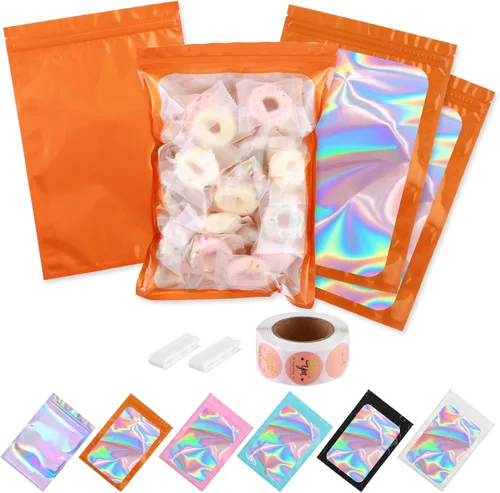 Miniatura 27 de Paquete de 150 bolsas holográficas de Mylar de 5 x 8 pulgadas con ventana transparente, pequeñas bolsas de papel de aluminio resellables