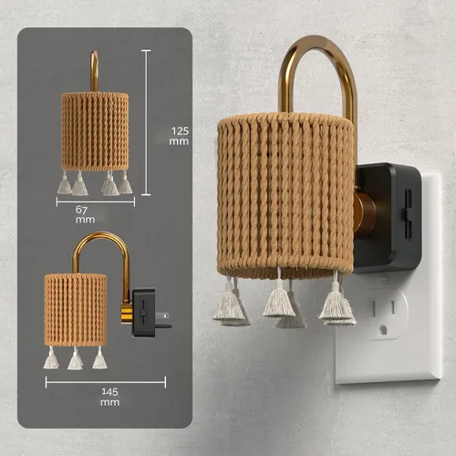 Miniatura 5 de L LOHAS LED Luces Nocturnas Enchufables en la Pared, Luz Nocturna Decorativa de Cilindro de Tela Boho con Borla, Sensor de Crepúsculo a Amanecer