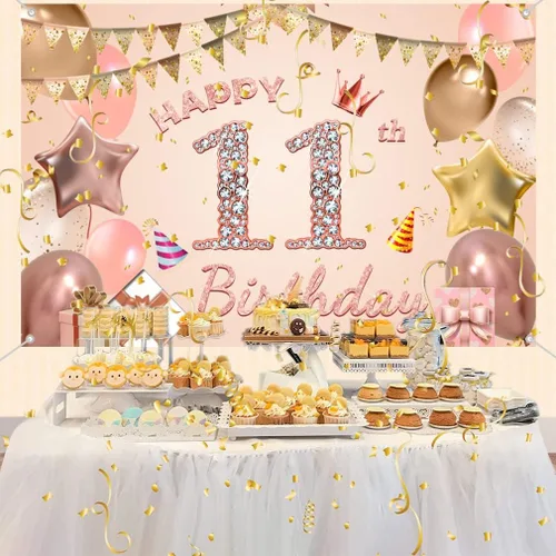 Miniatura 3 de Cartel de tela para decoración de cumpleaños número 11 para niñas de 11 años, cartel de tela para fiesta de cumpleaños de niña, fondo de foto rosa
