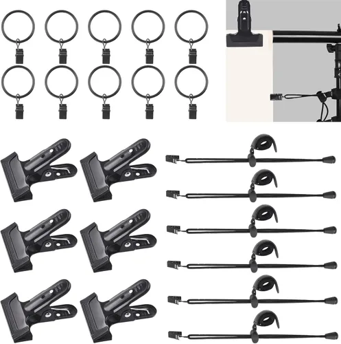Swpeet Kit de 22 abrazaderas para telón de fondo de fotografía, 10 anillos de cortina con clips, 6 abrazaderas de resorte para telón de fondo y 6