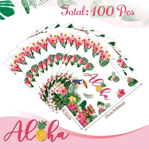 Miniatura 2 de PerKoop 100 bolsas de regalo hawaianas de plástico Aloha bolsas de regalo Luau para fiestas con asas para verano, tropical, cumpleaños, vacaciones
