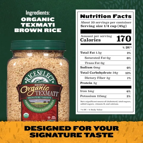 Miniatura 2 de RiceSelect Arroz integral Texmati orgánico, grano largo, grano entero, sin gluten, sin OMG, 32 onzas (paquete de 1 frasco)