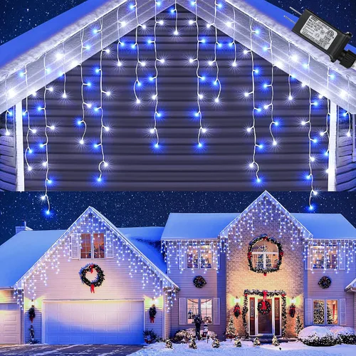 Toodour Luces de Carámbano de Navidad Blancas y Azules, 29.5 pies, 360 Luces LED de Carámbano, 8 Modos, 60 Gotas, Luz LED de Navidad para Cortina de