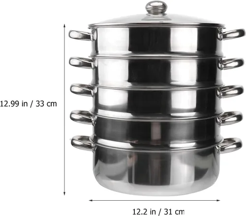 Miniatura 3 de Hemoton Olla de vapor de acero inoxidable de 14.7 pulgadas, olla multifuncional de 5 niveles para cocinar albóndigas, verduras, sopa, práctica