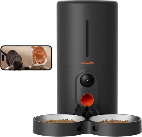 WOPET Comedero automático para gatos con cámara para dos gatos, alimentador automático HD de 1080p, alimentador para mascotas WiFi 5G con visión
