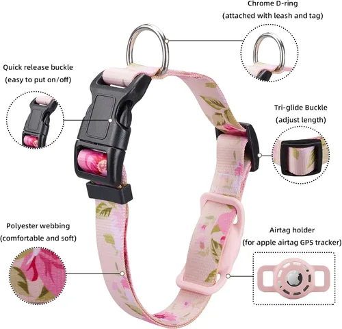 Miniatura 5 de Collar para perro, compatible con AirTag, collar de poliéster para cachorros y gatos para perros pequeños, medianos, grandes y extragrandes, rosa