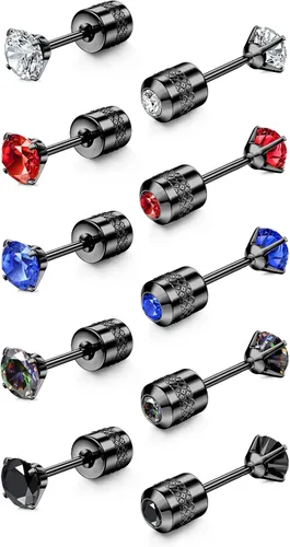 CASSIECA 5 pares de aretes de acero inoxidable con circonita cúbica 5A arcoíris para mujeres y hombres, con diseño de arco iris 5A