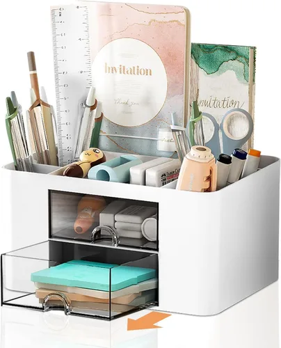 Miniatura 8 de Organizador de escritorio Vimbo de 7 rejillas con cajón – Organizador de mesa multifuncional de plástico y soporte para bolígrafos para la escuela