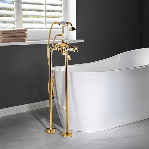 Miniatura 3 de WOODBRIDGE F0019PG - Grifo de bañera con doble manija para montaje en el suelo, dorado Oro