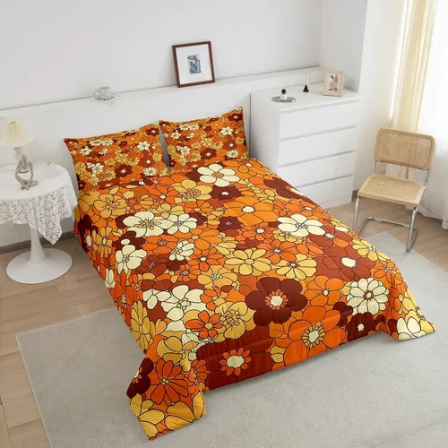 Miniatura 5 de Juego de ropa de cama con estampado floral bohemio, tamaño individual, diseño retro de flores groovy, 60S y 70S, juego de edredón de flores hippie