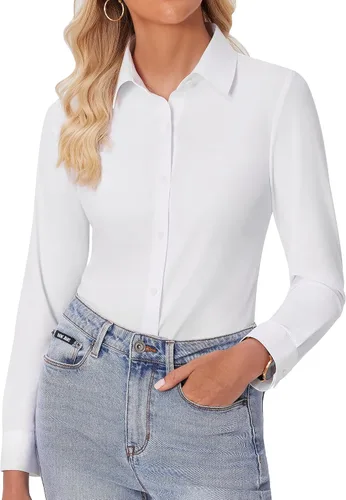 Miniatura 32 de siliteelon Camisas con botones para mujer, ajustadas, de manga larga, elásticas, de vestir, camisas de trabajo, sin arrugas, blusas de oficina
