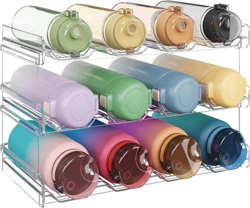 Lifewit Organizador apilable de botellas de agua para gabinete, soporte de plástico para botellas y vasos de hasta 3.8 pulgadas de diámetro,