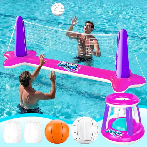 JOYIN Juego de flotadores inflables para piscina, red de voleibol y aros de baloncesto, flotadores flotantes de juguete para niños y adultos, cancha