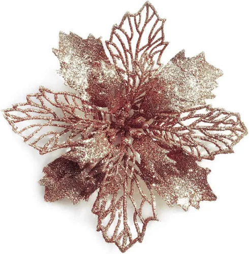 Miniatura 14 de Paquete de 12 flores de Pascua artificiales con purpurina para corona de Navidad, adornos de flores para árbol de Navidad, 6'' (16cm) de diámetro