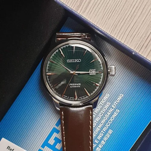 Miniatura 8 de SEIKO Mens PRESAGE 'Mockingbird' Cocktail Dial verde con reloj de cuero marrón SRPD37J1, Blanco, Moderno