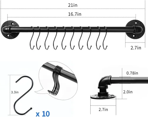 Miniatura 2 de Estante Industrial de Tubo para Ollas y Sartenes de 21" (Paquete de 2), Perchero de Pared para Ollas y Sartenes con Barra para Colgar y Colgador
