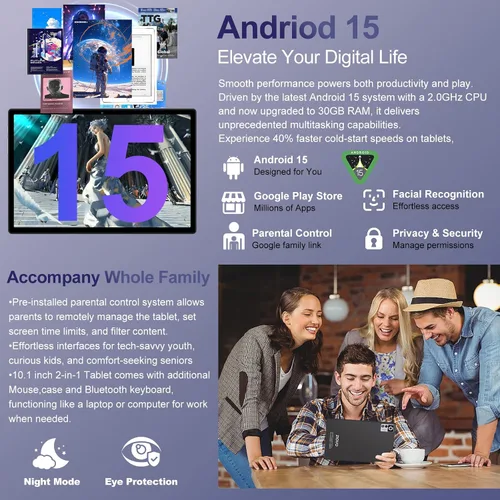 Miniatura 4 de Tablet Android 15 2025 con teclado Gemini AI, Tablets de electrónica de 30GB+128GB de ocho núcleos con pantalla IPS HD de 10 pulgadas, 8000mAh