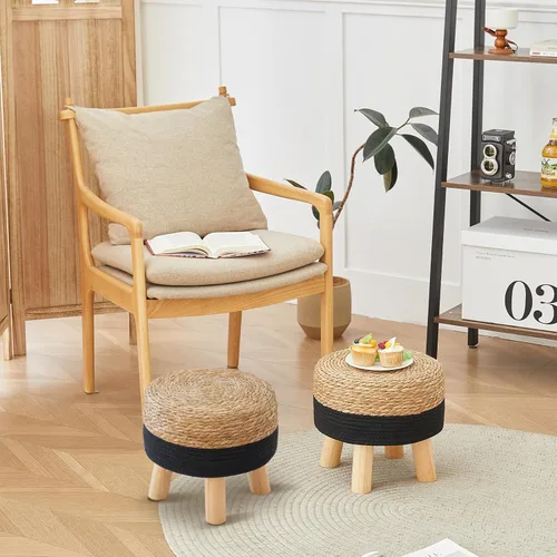 Miniatura 8 de Taburete redondo otomano natural de algas marinas, taburete de pie con 4 patas de madera, taburete redondo tejido a mano, taburete de sofá, taburete
