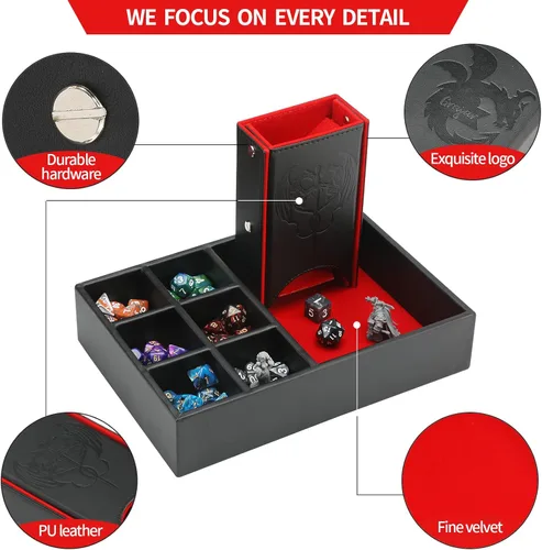 Miniatura 5 de Grajar Bandeja de dados DND y Torre: Almacenamiento portátil de dados con tapa para Dungeons and Dragons, D&D, RPG, MTG y juegos de mesa (Rojo)