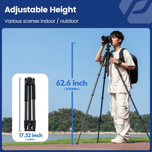 Miniatura 5 de Fotopro Trípode horizontal de fibra de carbono, 62.6 pulgadas, trípode de cámara 2 en 1, monopie con cabezal de bola de 360 grados, placa