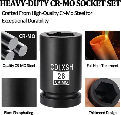 Miniatura 3 de Juego de llaves de impacto de 3/4", 21 piezas de llaves de vaso grandes resistentes, acero Cr-Mo, enchufes métricos estándar de 6 puntos
