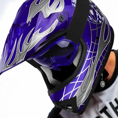 Miniatura 5 de XFMT - Juego de casco DOT con gafas y guantes para motocross, cuatrimoto y vehículos todoterreno para niños y jóvenes, diseño de calavera azul