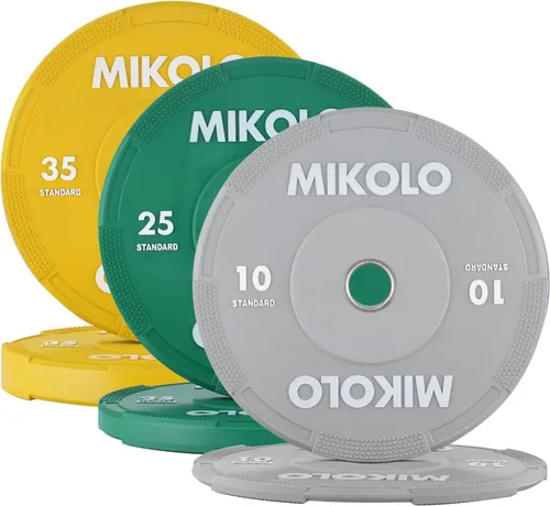 Miniatura 14 de Mikolo Juego de placas olímpicas para parachoques, 100% de goma de baja densidad y rebote con inserciones de acero, placas de barra silenciosas