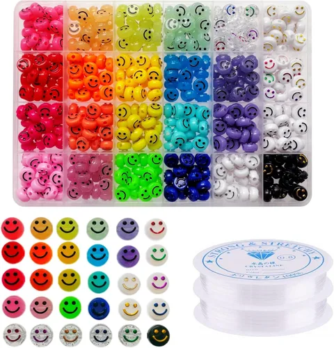 Amaney - 480 cuentas de cara sonriente de 24 colores, 0.394 pulgadas, cuentas espaciadoras acrílicas grandes para joyas, pulseras, aretes, collares,