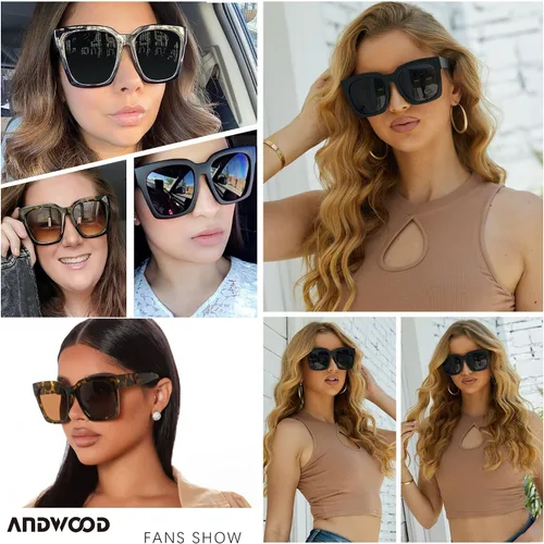 Miniatura 4 de ANDWOOD Lentes de sol de gran tamaño para mujer, marco ancho cuadrado, retro, moderno, protección UV