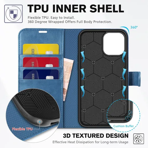 Miniatura 4 de TUCCH Funda tipo cartera, iPhone 12 Pro/12 5G, azul lago, carcasa interior de TPU a prueba de golpes, piel sintética, bloqueo RFID, soporte