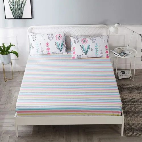 Miniatura 2 de Sábana ajustada 100% algodón suave tamaño queen de bolsillo profundo con rayas coloridas y estampado Gingham, sin arrugas, 1 pieza, sábana