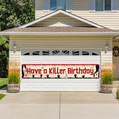 Miniatura 6 de Labakita Cartel grande de cumpleaños con texto en inglés "Have a Killer", decoración de fiesta de cumpleaños de Halloween, terror de terror