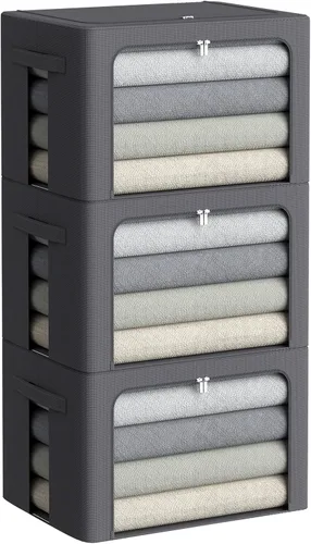 Miniatura 26 de Paquete de 3 cajas de almacenamiento con marco, bolsas de almacenamiento de ropa, tela Oxford, plegable, apilable, juego organizador con ventana
