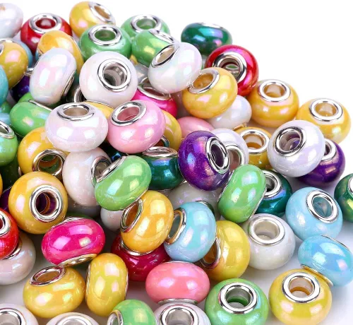 Miniatura 10 de 100 Piezas Cuentas Espaciadoras Europeas de Agujero Grande de 0.551 pulgadas, Mezcla de Colores con Núcleos de Latón Plateado Surtidos Cuentas