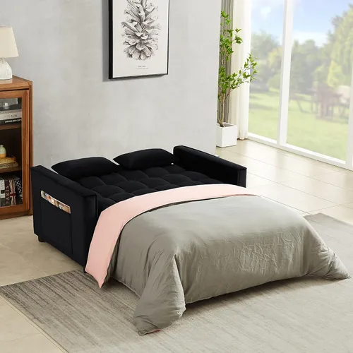 Miniatura 3 de Sofá cama biplaza de terciopelo convertible y moderno con cama desplegable, respaldo ajustable y 2 almohadas lumbares, para espacios pequeños