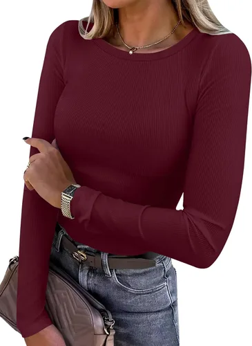 Miniatura 32 de ANRABESS - Camisetas de manga larga para mujer, de punto acanalado, ajustadas, básicas, 2025, informales, para usar a capas o debajo del uniforme
