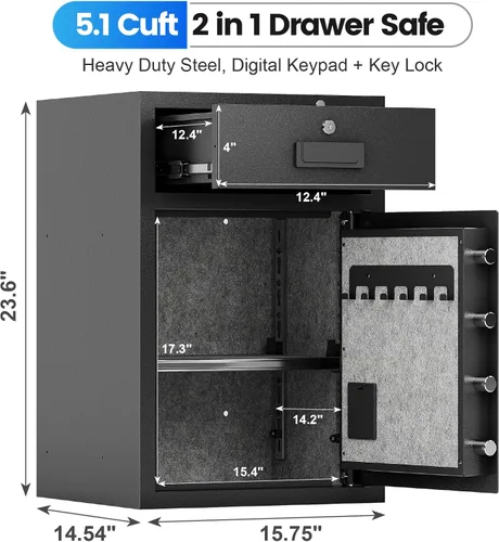 Miniatura 2 de Xyvaly Caja fuerte resistente para cajones de 5.1 pies cúbicos, caja fuerte para el hogar, con bolsa ignífuga e impermeable, con sistema de alarma
