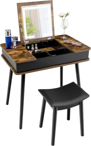 GOFLAME Juego de mesa de tocador con espejo abatible y taburete, tocador de maquillaje industrial con modos de iluminación de 3 colores y puerto de