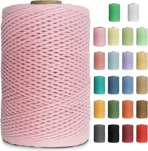 Miniatura 12 de Cuerda de macramé de colores de 0.039 in, cuerda de algodón de 656 pies, 3 hebras trenzadas, cuerda de algodón colorido para manualidades, Amarillo