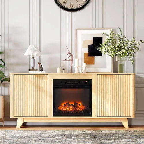 Miniatura 6 de VINGLI - Soporte de TV con chimenea para televisores de hasta 70 pulgadas, centro de entretenimiento acanalado con calefacción eléctrica y estantes