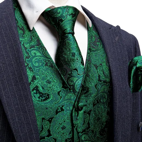 Miniatura 3 de Barry.Wang Chaleco formal de los hombres Paisley Jacquard seda corbata traje chaleco conjunto boda 5PCS