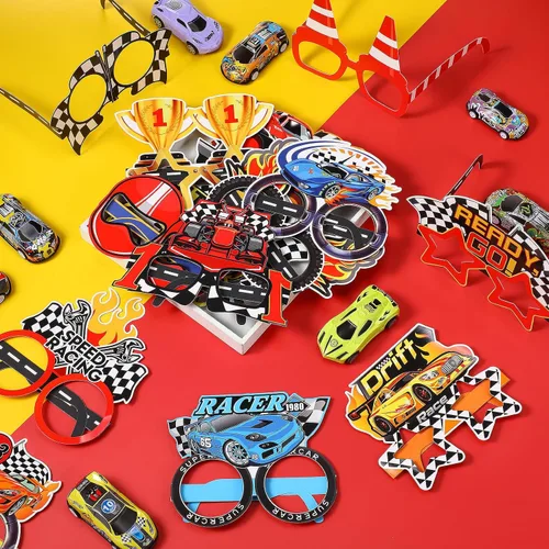 Miniatura 4 de Paquete de 32 regalos de fiesta de autos de carreras para niños, marcos de gafas de papel de carreras con bandera a cuadros para suministros