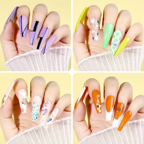 Miniatura 7 de Teenitor - Kit de uñas postizas - Puntas de uñas transparentes tipo ataúd, brochas de arte, bolígrafo de punteado, purpurina, pegatinas y strass
