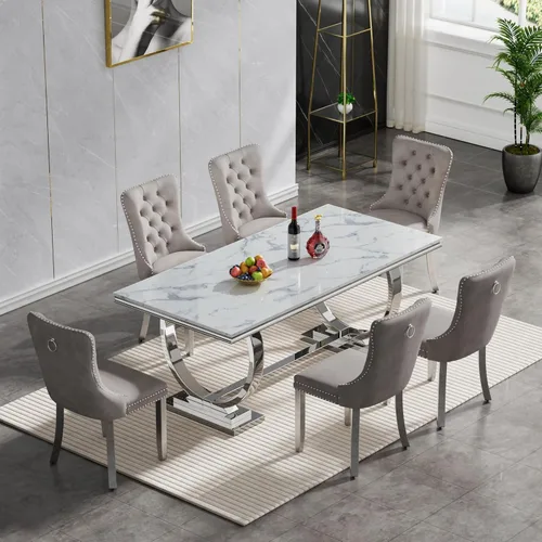 Miniatura 20 de Juego de mesa de comedor de mármol de 5 piezas para 4, mesa de cocina de lujo de 68 pulgadas de mármol negro dorado con 4 sillas tapizadas
