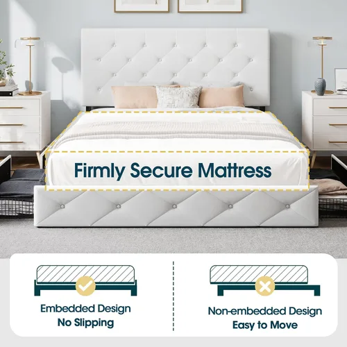 Miniatura 7 de WEEWAY Base de cama de plataforma de tamaño matrimonial con 4 cajones de almacenamiento, cabecera capitonada con botones de costura de diamante
